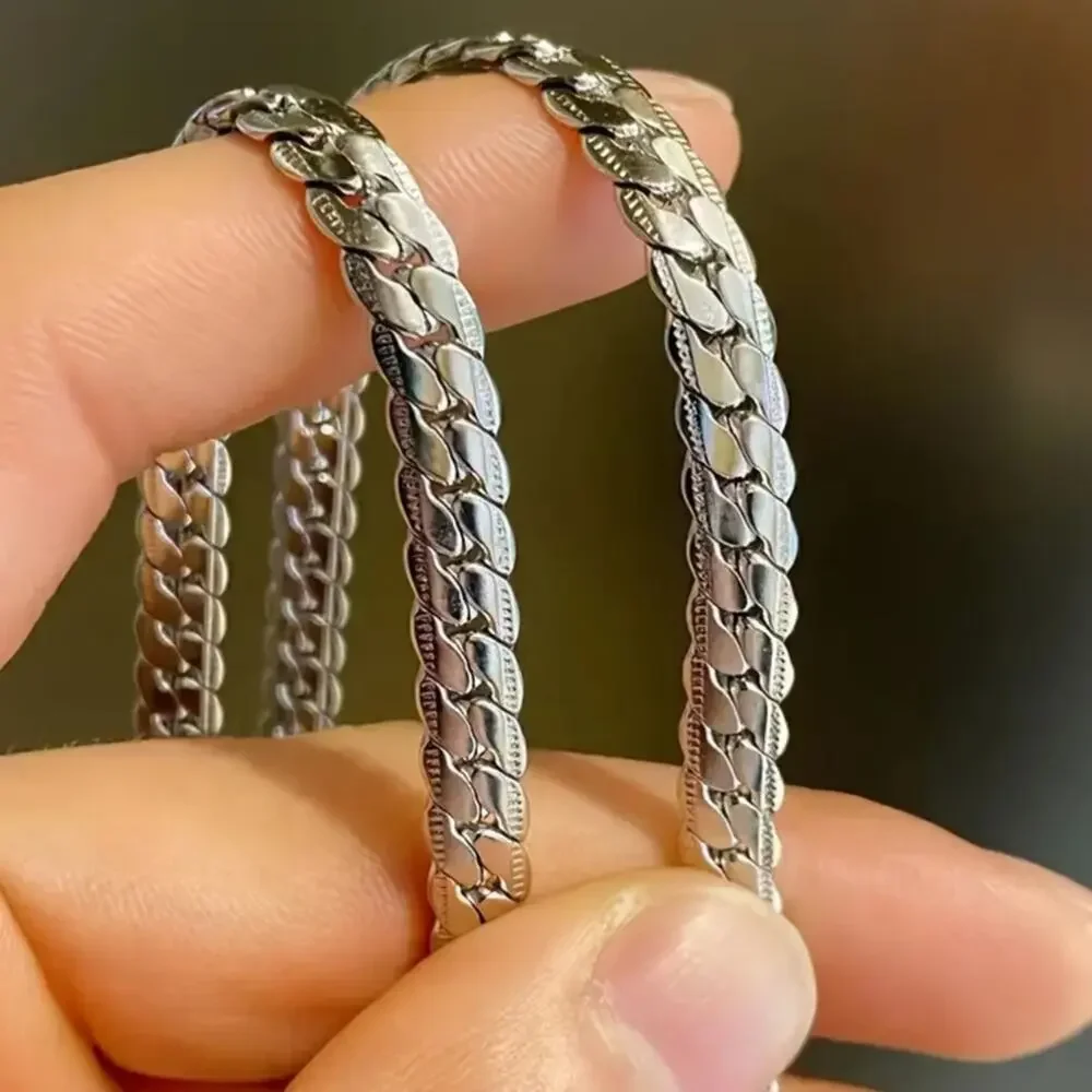 Silver stainless steel textured cuban chain necklace